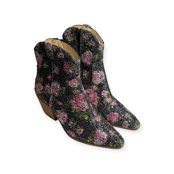 new Betsey Johnson ✿ Diva Crystal Floral Chelsea Ankle Cowboy Boot ✿ Black 8.5M - Picture 10 of 16